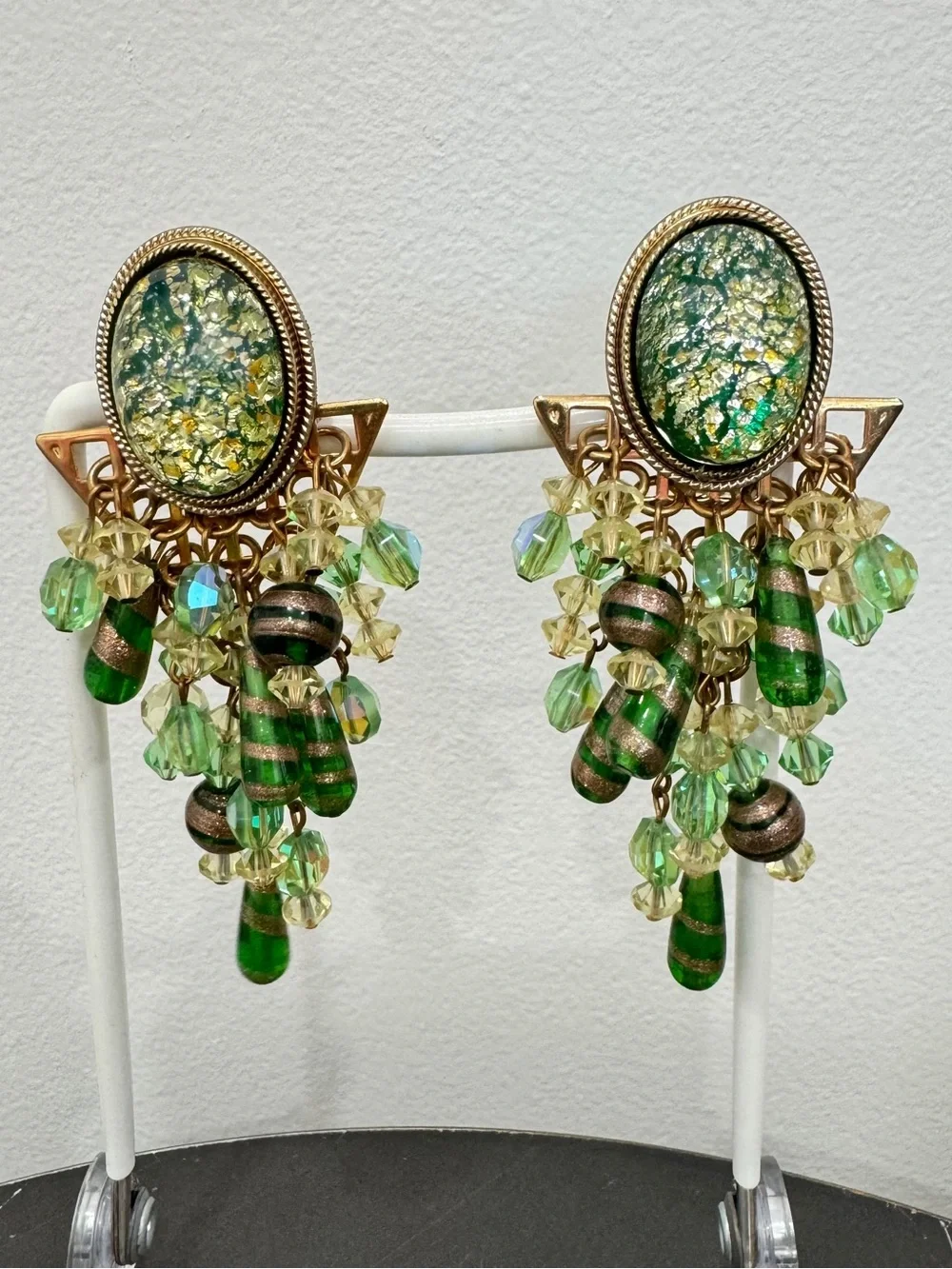 Bohemian Gold Foil Green Cabochon Beaded Chandelier AB Crystal Clip Earrings